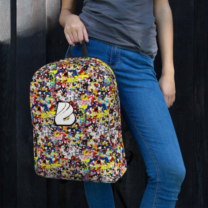 Colorful Rucksack N°3 with a woman holding it, ideal for daily use, featuring water-resistant polyester and multiple compartments.