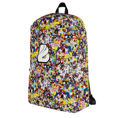 Colorful graphic backpack with black straps and prominent z logo, vibrant design suitable for everyday use or sports activities