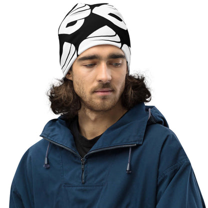 Man wearing Allover-Beanie N°0 in black and white; stylish, soft, and warm accessory for cold days with polyester and elastan blend.