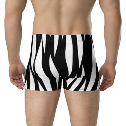 Model wearing Boxer-Briefs N°1 with zebra pattern, made from soft stretchy material for comfort and support, featuring no back seam.