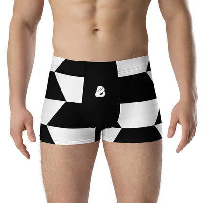 Boxer-Briefs N°7 in black and white geometric pattern, featuring mid-waist design and 4 cm elastic waistband for comfort and support.