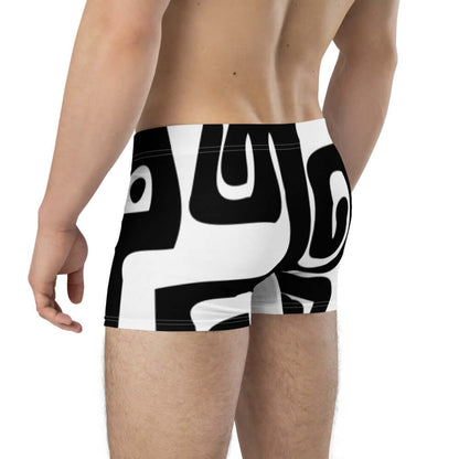 Back view of Boxer-Briefs N°8 showcasing black and white design, seamless back, mid-waist fit, and wide elastic waistband.