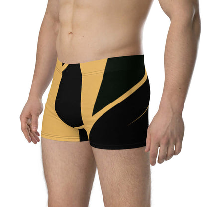 Model wearing Boxer-Briefs N°2 in color-block design, mid-waist with no back seam, featuring a 4 cm elastic waistband.
