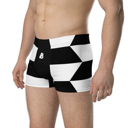 Boxer-Briefs N°7 in geometric black and white design with no back seam, mid-waist fit, featuring a lined front pouch for comfort and support.