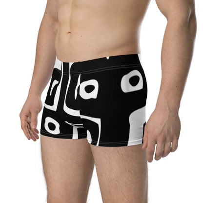 Boxer-Briefs N°8 in black and white pattern, featuring mid-waist design, 4 cm elastic waistband, no back seam, and lined front for comfort.