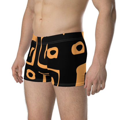 Boxer-Briefs N°10 in black with orange pattern, featuring mid-waist design and no back seam for comfort and support.