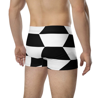 Boxer-Briefs N°7 in black and white geometric design, showcasing mid-waist fit and elastic waistband for comfort and support.