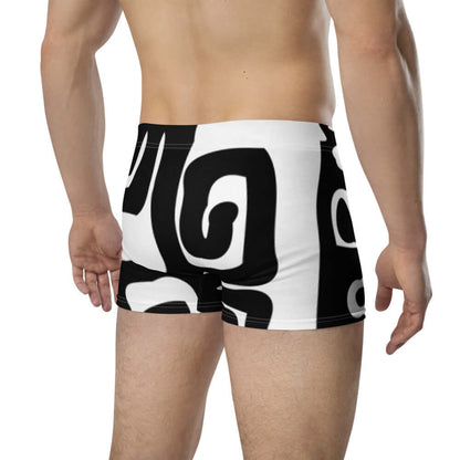 Rear view of Boxer-Briefs N°8 with black and white abstract design, showcasing soft, stretchy material for comfort and mid-waist fit.