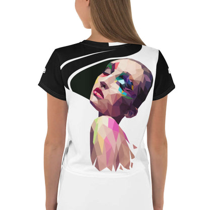 Back view of Allover-Crop-T-Shirt N°3 featuring a colorful geometric face design on white fabric