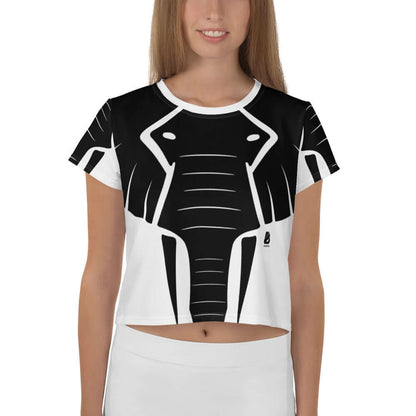 Allover-Crop-T-Shirt N°0 with elephant design worn by woman