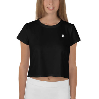 Woman wearing a black Allover-Crop-T-Shirt N°2 with stretch fabric, showcasing unique allover design.