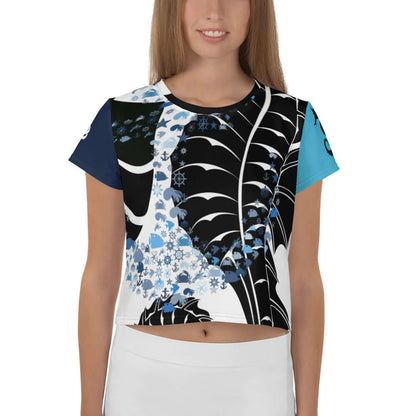 Model wearing Crop-T-Shirt N°0 with unique allover design, featuring a stylish and colorful pattern. High-quality, four-way stretch fabric.