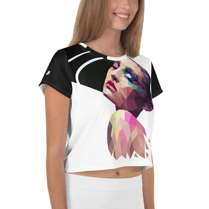 Allover-Crop-T-Shirt N°3 featuring colorful geometric face design, perfect for stylish individuals seeking a unique wardrobe piece.