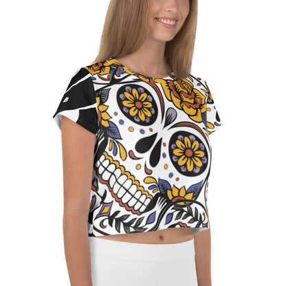 Woman wearing Allover-Crop-T-Shirt N°4 with colorful skull and floral design, perfect for trendy and comfortable fashion.