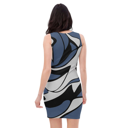 Woman wearing abstract designed Sublimation-Cut-&-Sew-Kleid N°4, showcasing colorful pattern on a form-fitting dress.