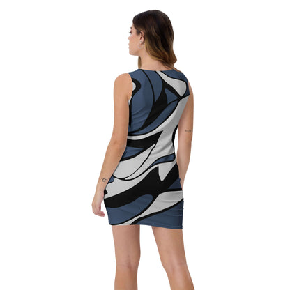 Rear view of woman wearing Sublimation-Cut-&-Sew-Kleid N°4, showcasing colorful abstract pattern and four-way stretch fabric.