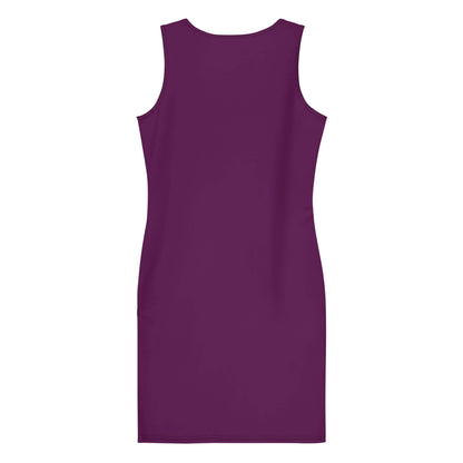 Sublimation-Cut-&-Sew-Kleid N°5 in purple, form-fitting dress with four-way stretch fabric, back view.