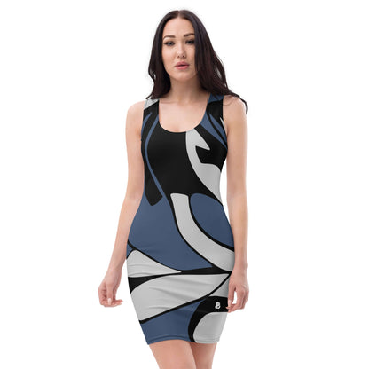 Model wearing Sublimation-Cut-&-Sew-Kleid N°4, a colorful, fitted dress with abstract design, made of soft microfiber yarn.