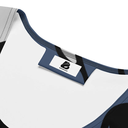 Close-up view of Sublimation-Cut-&-Sew-Kleid N°4 neckline showing fabric texture and tag.
