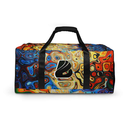 Colorful abstract-patterned Weekender N°4 bag with black straps, ideal for travel, daily use, and gym sessions with ample pockets.