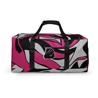 Stylish Weekender N°7 with pink and black abstract design, ideal for travel and gym, featuring adjustable straps and multiple compartments.