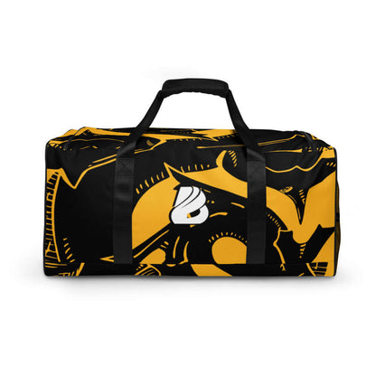 Weekender N°8 travel bag with yellow graphic, perfect for gym or daily use, features adjustable padded shoulder straps and multiple pockets.