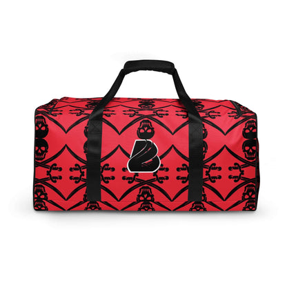 Weekender N°16 red and black duffel bag with skull design, ideal for travel, daily errands, and gym use with adjustable shoulder straps.
