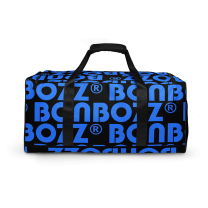 Weekender N°25 in blue and black with padded shoulder straps, ideal for travel or gym, features multiple pockets for organization.