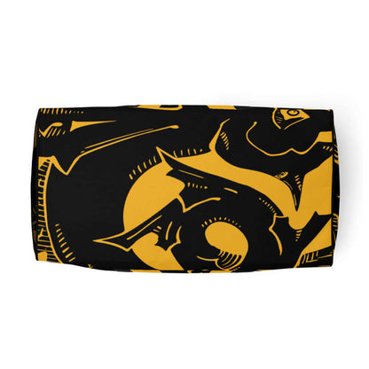 Top view of black and yellow patterned Weekender N°8 bag, perfect companion for travel, gym, or daily errands with ample storage.