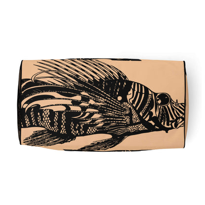 Weekender N°14 travel bag with artistic fish design, perfect for trips, errands, or gym, featuring adjustable padded straps for comfort.