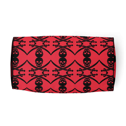 Rectangular red and black towel with skull and crossbones pattern design.