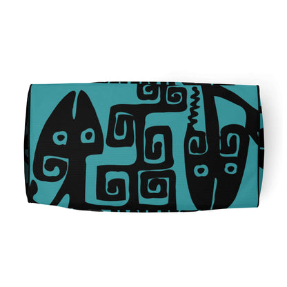 Weekender N°17 with artistic black and teal tribal design, perfect for travel, gym, or daily use with adjustable shoulder straps.