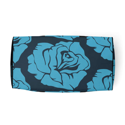 Top view of Weekender N°19 with blue floral pattern on dark background, spacious and stylish for travel and gym use.