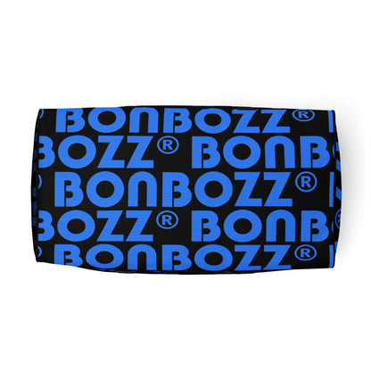 Blue and black BONBOZZ logo pattern on a Weekender N°25 travel bag