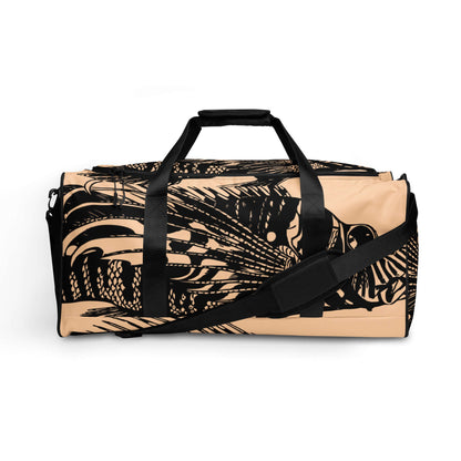 Weekender N°14 in beige with black pattern, spacious design with adjustable padded shoulder straps and multiple pockets for organization.