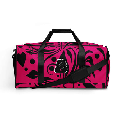 Weekender N°15 pink and black duffel bag with abstract heart design, adjustable padded shoulder straps.