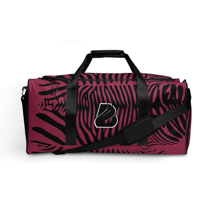Weekender N°23 in maroon with black stripes, perfect travel and gym bag with spacious compartments and adjustable shoulder straps.