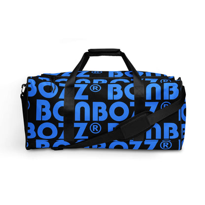 Weekender N°25 bag with blue and black design, spacious for travel, adjustable padded shoulder strap.