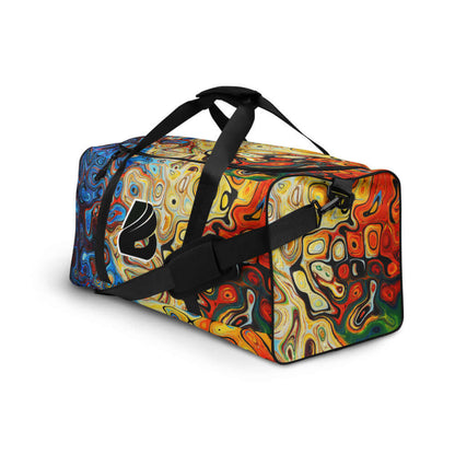 Colorful travel bag with abstract pattern, featuring adjustable padded shoulder straps. Ideal for Weekender N°4 needs.