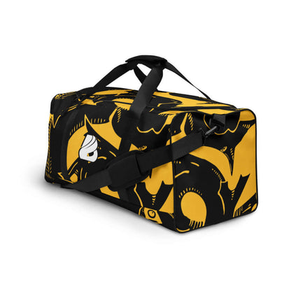 Weekender N°8 black and yellow duffel bag with adjustable padded shoulder straps and multiple pockets for travel, errands, or gym use.