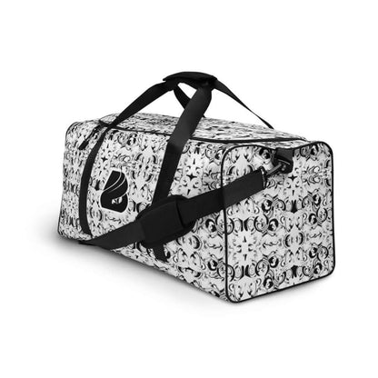 Stylish black and white Weekender N°9 bag with adjustable padded shoulder straps, ideal for travel, gym, and daily errands.