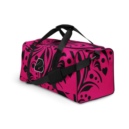 Pink and black patterned travel bag Weekender N°15 with adjustable shoulder straps, ideal for trips and daily errands.