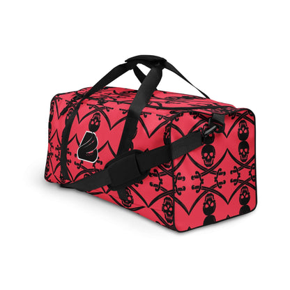 Bold red and black duffel bag featuring skull and crossbones design, perfect for travel and fitness; a stylish option for all needs.