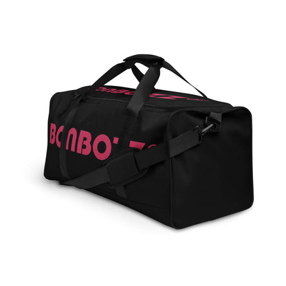 Black Weekender N°22 travel and gym bag with pink text, adjustable shoulder straps, and multiple compartments.