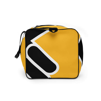 Weekender N°24 yellow and black travel bag with adjustable shoulder straps and multiple compartments, perfect for travel or gym use.