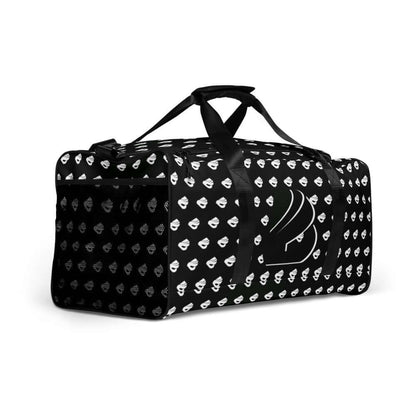 Black Weekender N°13 duffel bag with white patterns, featuring adjustable padded shoulder straps for travel, gym, and daily use.