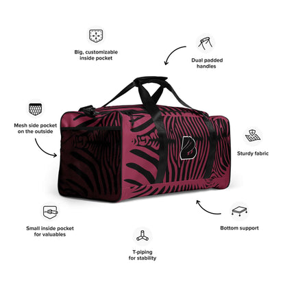 Weekender N°23 bag with customizable pockets, padded handles, and durable fabric in a bold zebra pattern, ideal for travel and gym.