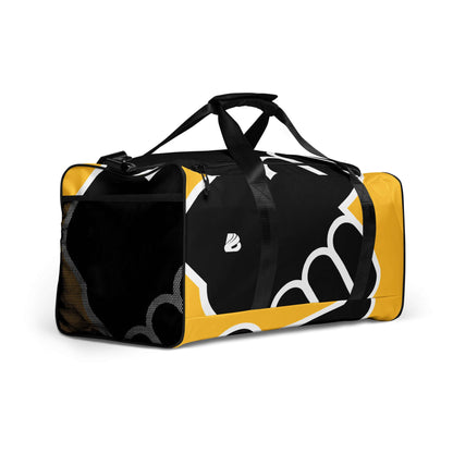 Yellow and black travel bag with bold graphic design, equipped with multiple compartments, featuring adjustable padded shoulder straps.