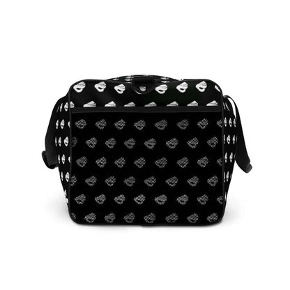Weekender N°13 black bag with white patterns, perfect for travel, daily errands, or gym, featuring adjustable padded shoulder straps.