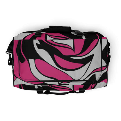 Weekender N°7 bag with abstract pink and black pattern, ideal for travel, daily use, or gym, featuring multiple pockets and adjustable straps.